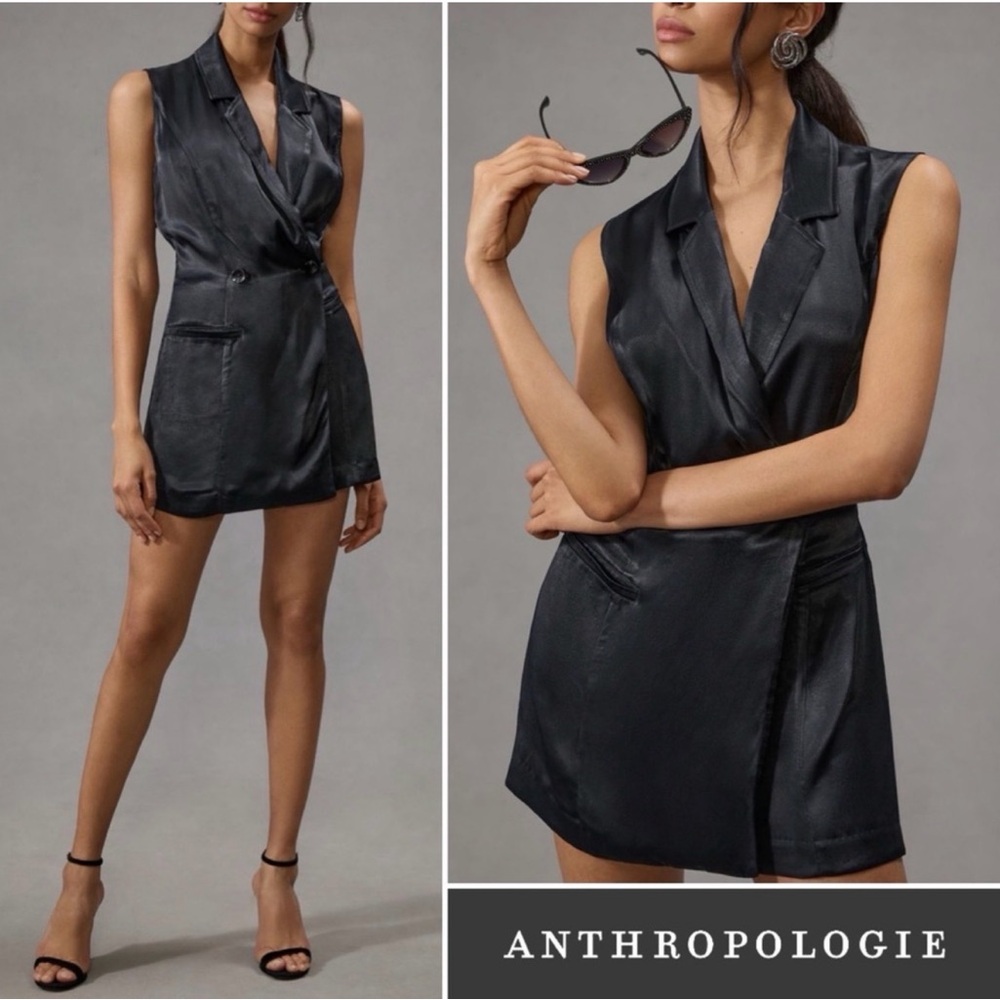 Anthropologie Black Satin Blazer Romper